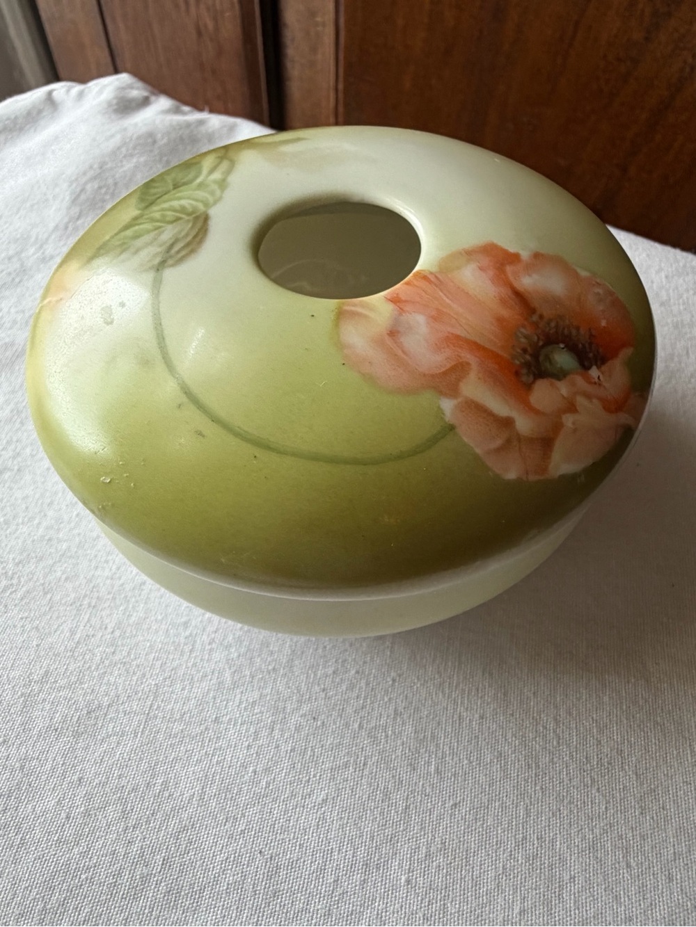 Hand Painted German Porcelain Hair Receiver Vanity Dresser Jar Floral Decor